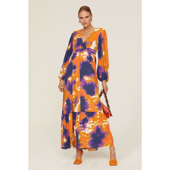TOCCIN Purple Orange Tie-Dye Retro Plunging Neckline Puff Sleeves Maxi Dress 8 - Picture 2 of 16